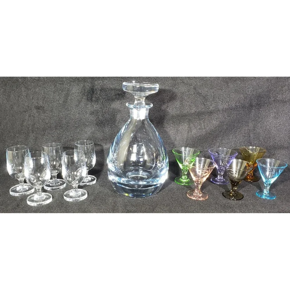 Vintage SIGNED Strombergshyttan Swedish Decanter w/Stopper & 11 Cordials